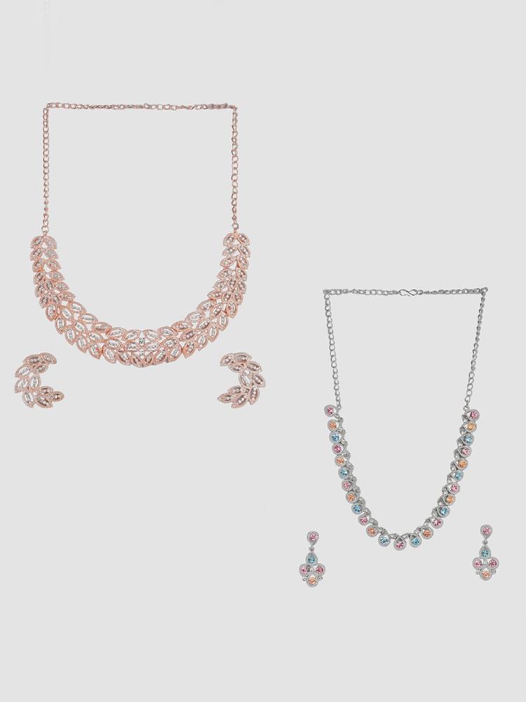 Kord Store Set Of 2 Rose-Gold Plated & Silver-Plated AD Studded Necklace & Earrings Set