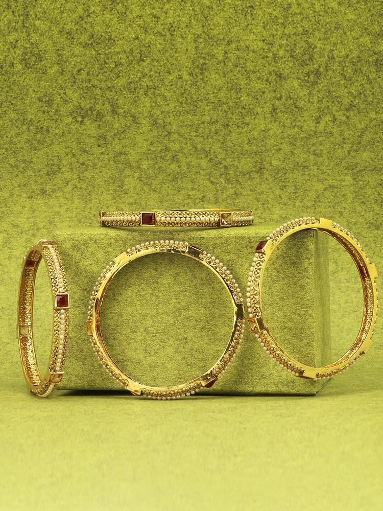 Adwitiya Collection Set Of 4 Gold-Plated Pearls & Stones-Studded Bangles