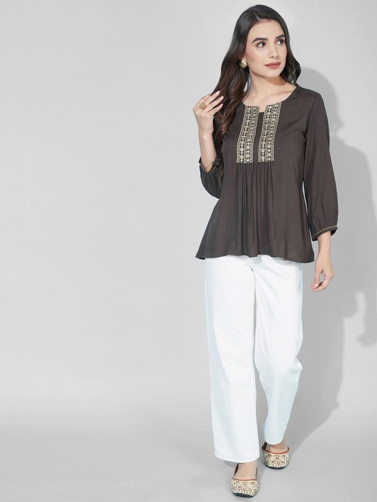 Selvia Embroidered Round Neck A-Line Top