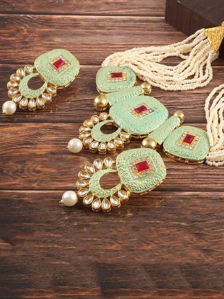 Jewar Mandi Gold-Plated Kundan Studded & Beaded Jewellery Set