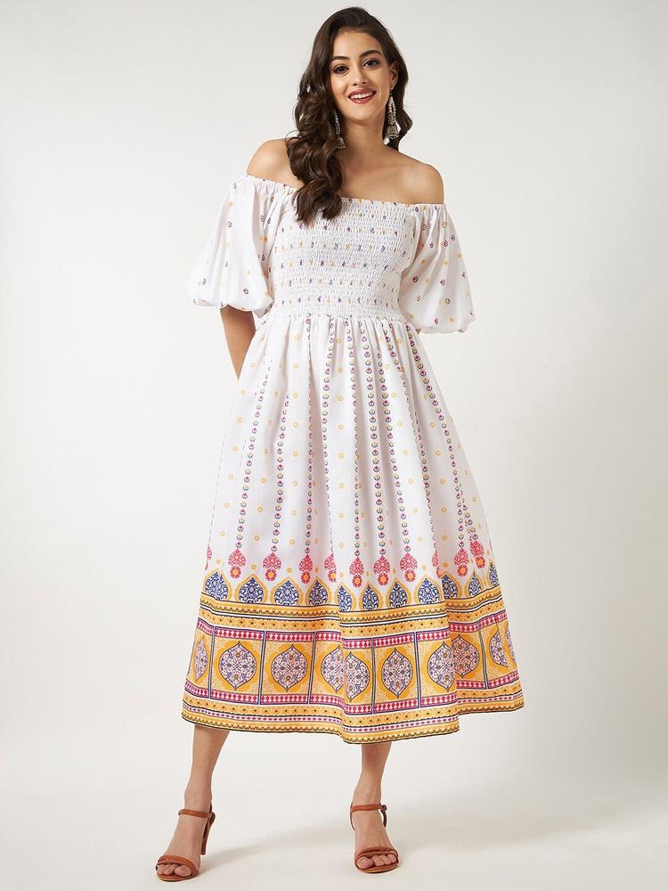 Pannkh Ethnic Motifs Off-Shoulder Midi Dress