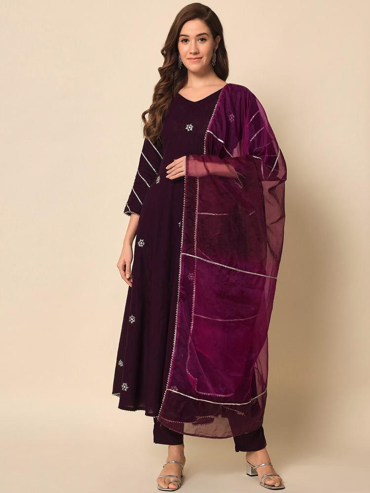 Meeranshi Women Purple Embroidered Liva Kurta with Trousers & With Dupatta