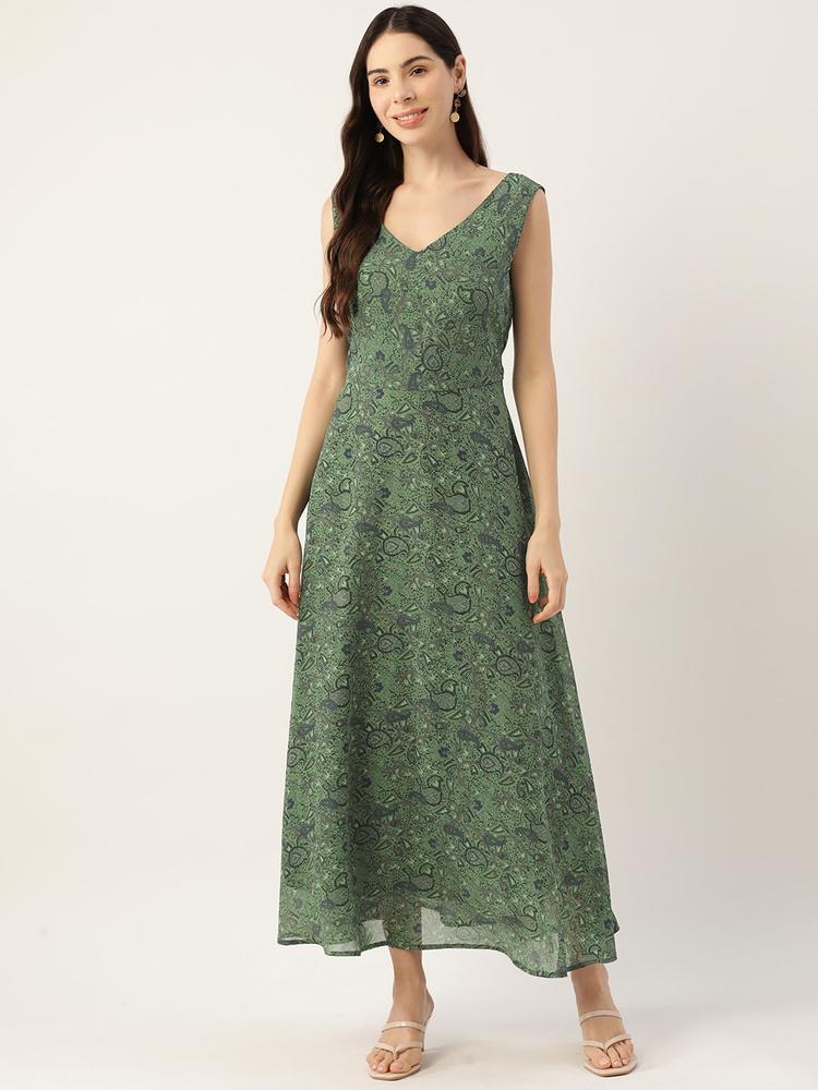 Deewa Green Floral Georgette Maxi Dress