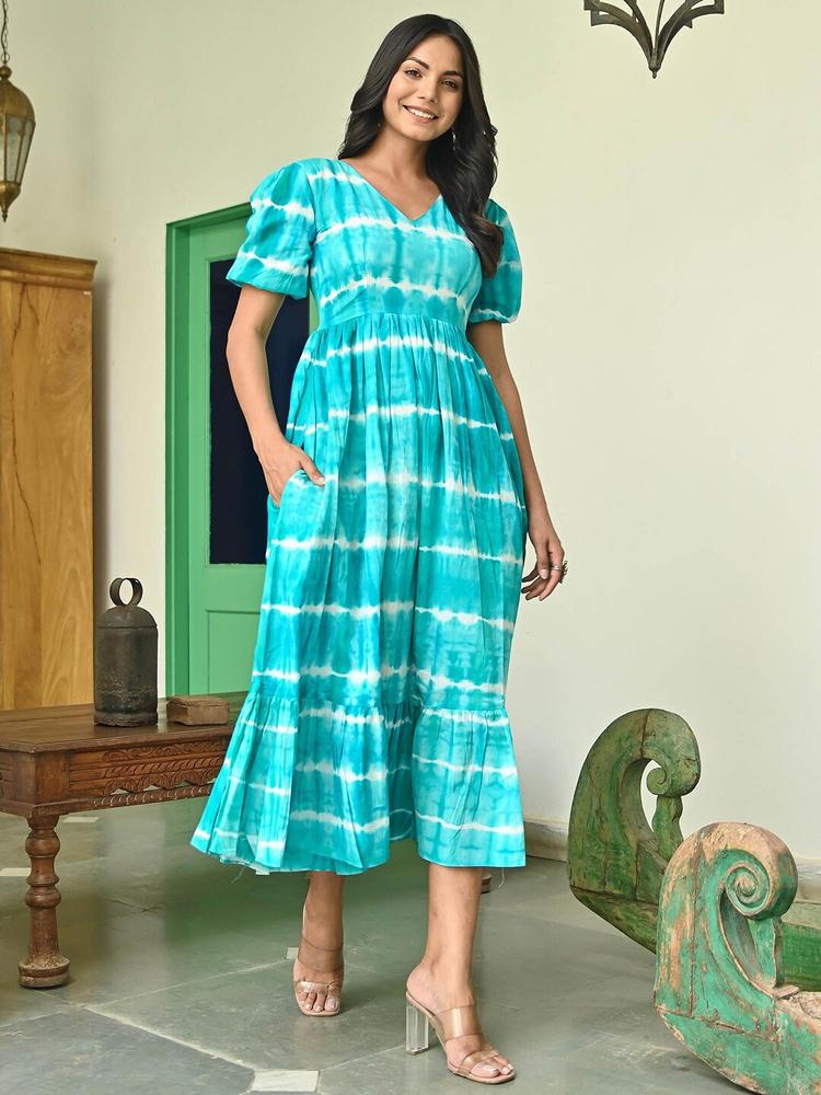 Lavanya The Label Tie & Dye Dyed Puff Sleeves Flounce Cotton Empire Midi Dress
