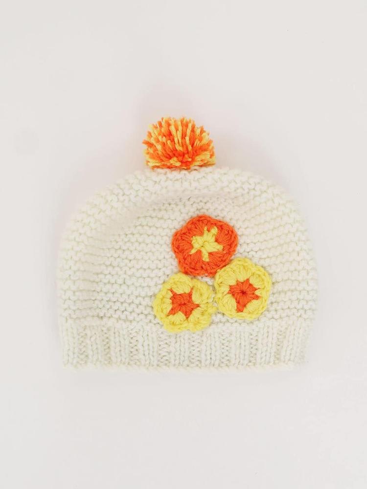 Woonie Infant Handmade Pom Pom Detailing Floral Acrylic Cap