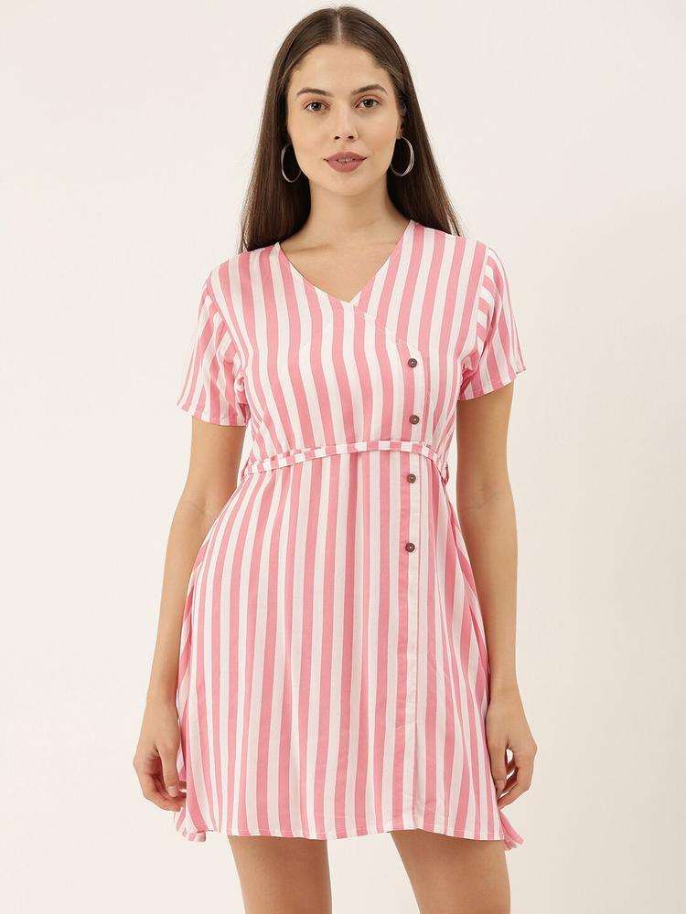 The Dry State V-Neck Striped A-Line Dress With Belt