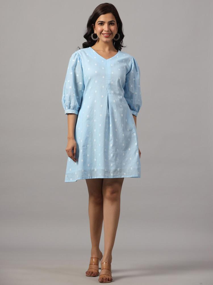 Do Dhaage Printed V Neck Puff Sleeves Cotton A-Line Dress