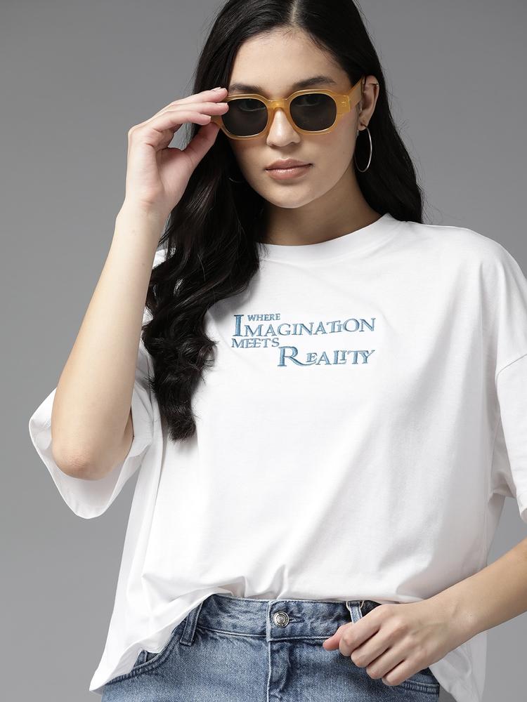 The Roadster Lifestyle Co. Embroidered Drop-Shoulder Sleeves Boxy T-shirt