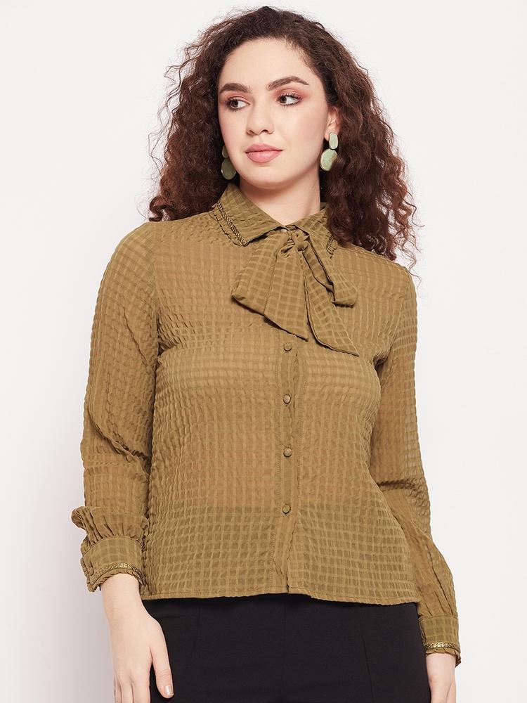 Madame Women Olive Green Gingham Checks Checked Casual Shirt