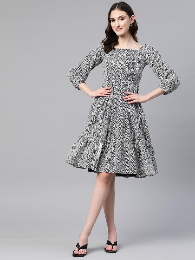 Cottinfab Chevron Print Puff Sleeves Georgette Dress With Tie-Up Detail