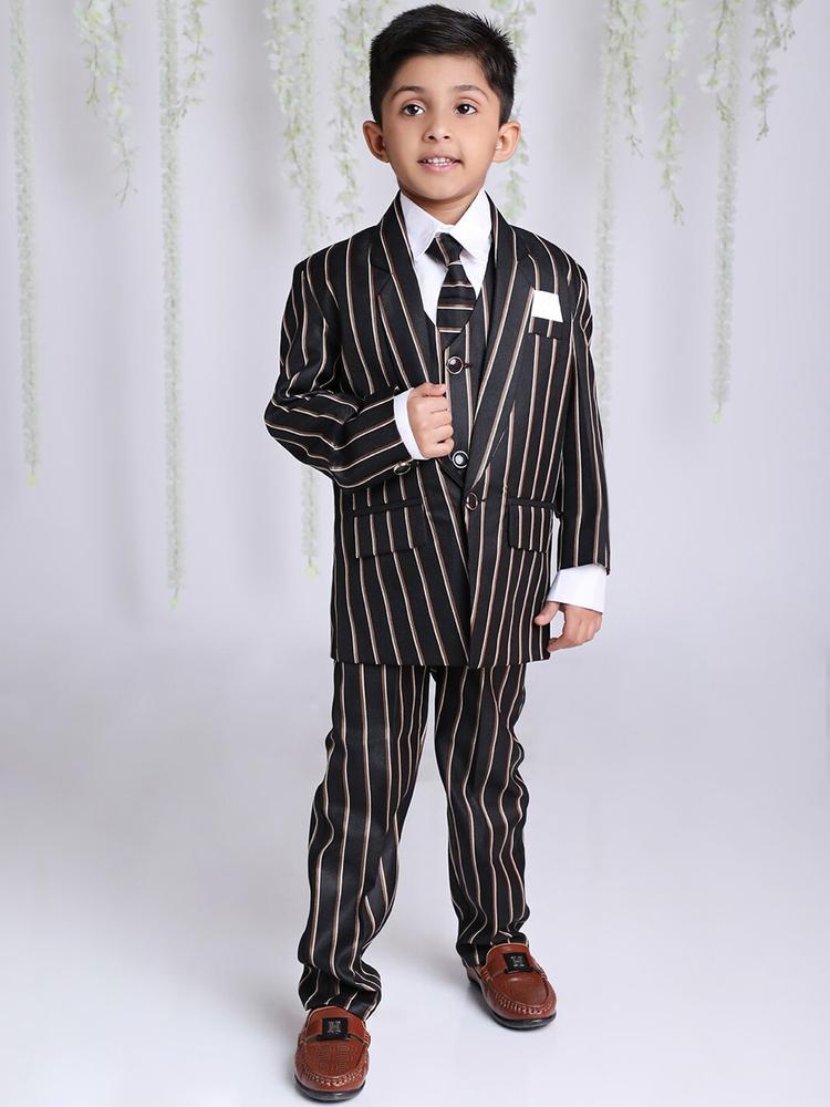KID1 Boys Striped Single-Breasted 4-Piece Partywear Suit With Tie