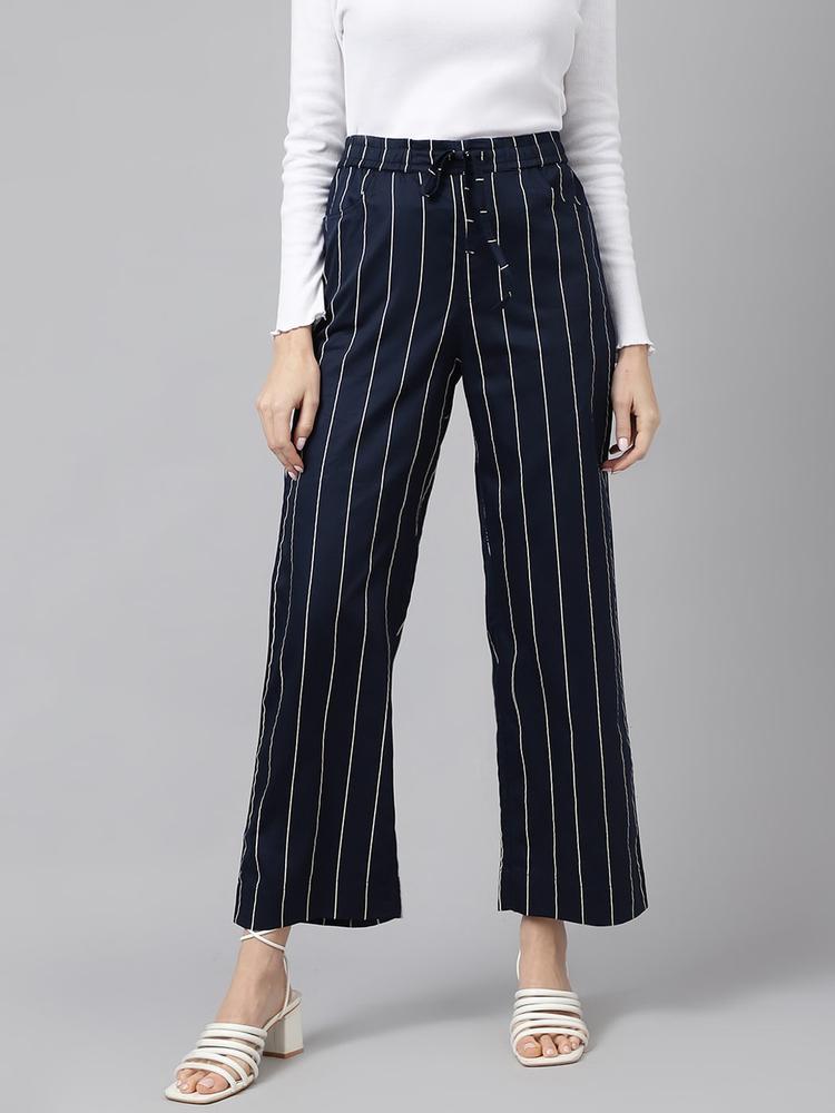 Xpose Women Striped Comfort High-Rise Pure Cotton Parallel Trousers