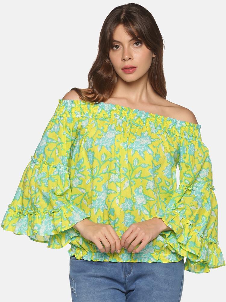 Saffron Threads Lime Floral Print Off-Shoulder Bardot Top