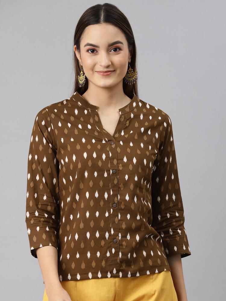 MALHAAR Geometric Printed Mandarin Collar Pure Cotton Shirt Style Top