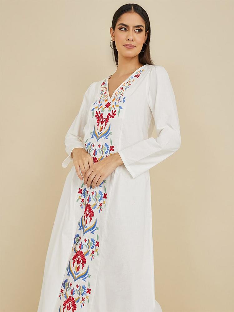Styli Off White Ethnic Motifs Embroidered V-Neck Cotton Maxi Dress
