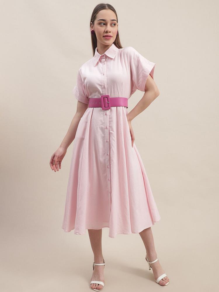 BLANC9 Shirt Style Midi Cotton Dress With Belt