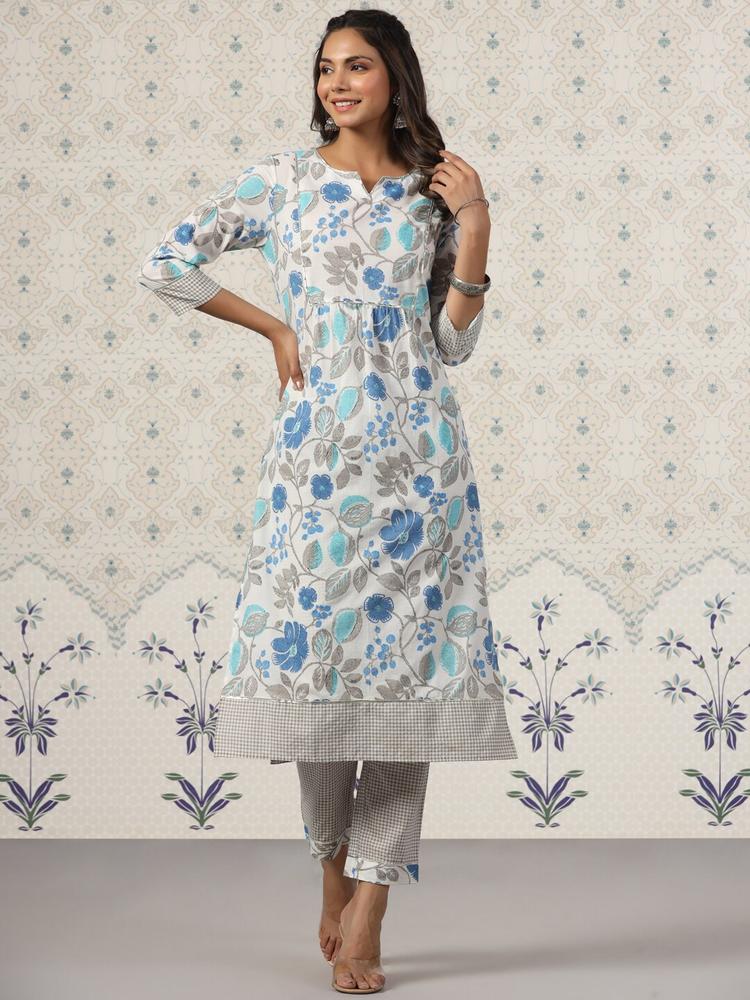 Ode by House of Pataudi Ethnic Motifs Printed Gotta Patti Pure Cotton Kurta with Trousers