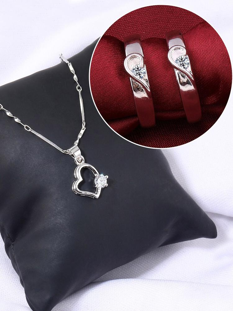 Silver Shine Silver-Plated AD Studded Necklace With Adjustable Couple Rings