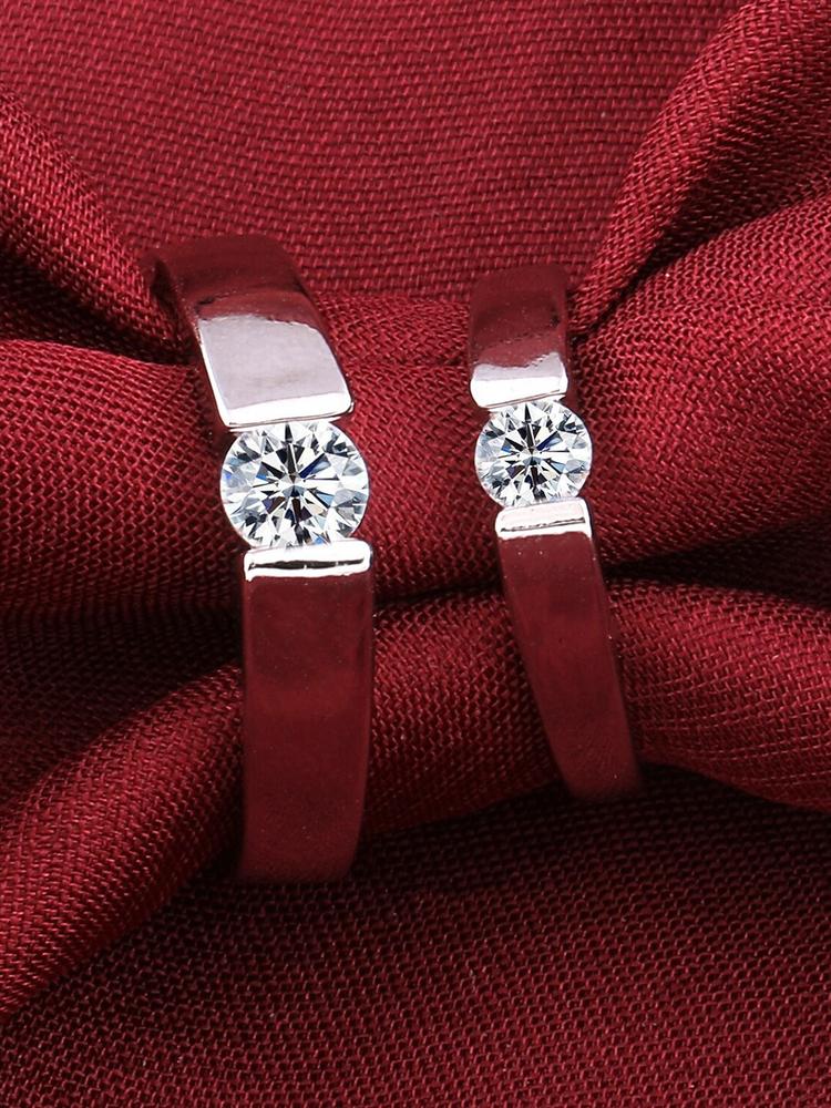 Silver Shine Set Of 2 Silver-Plated American Diamond studded Couple Adjustable Ring