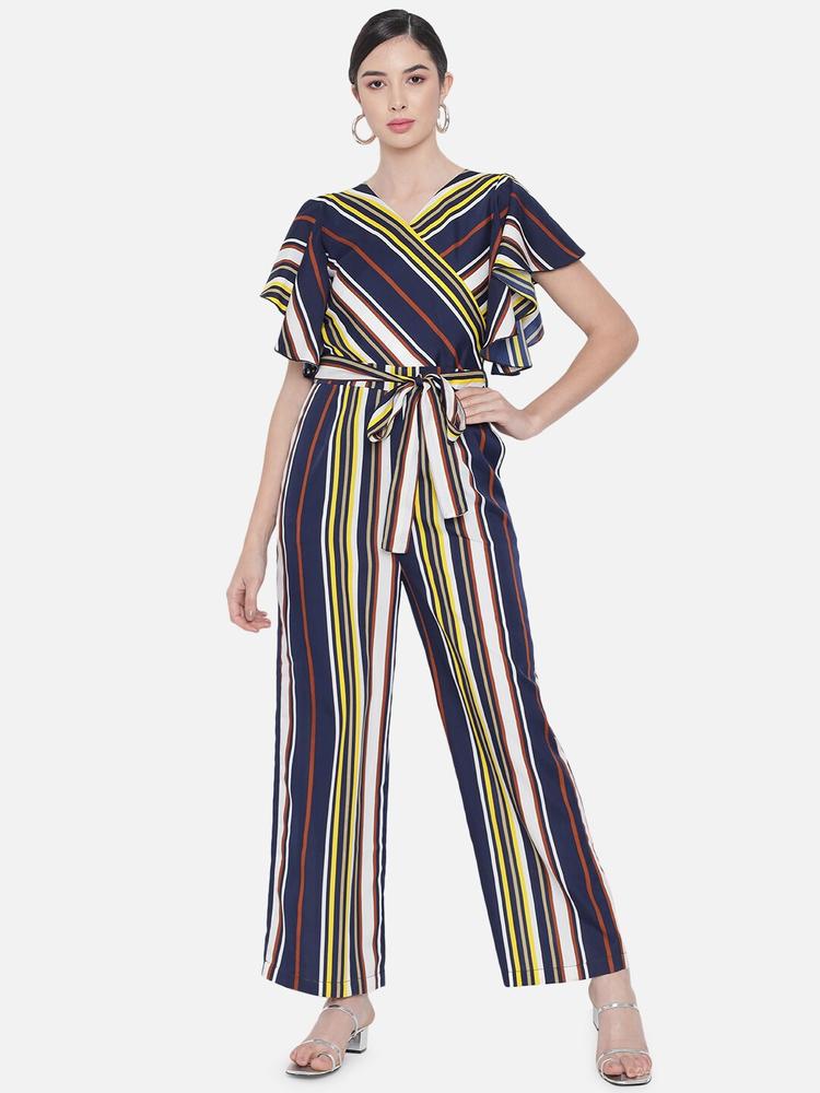ALL WAYS YO Striped Culottes Jumpsuit with Ruffles