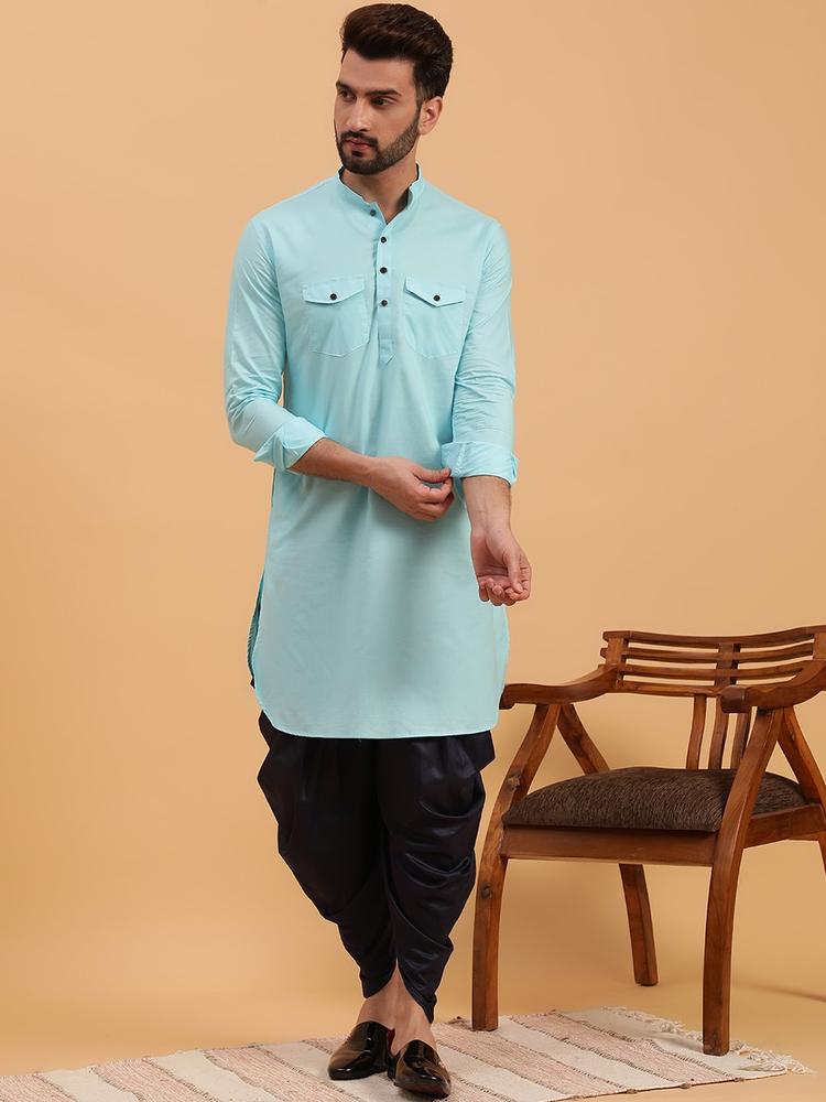 NAMASKAR Mandarin Collar Roll-Up Sleeves Cotton Pathani Kurta