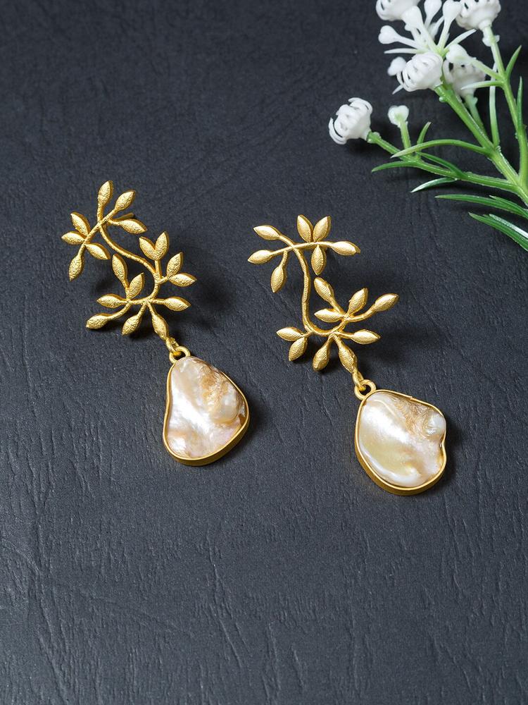 Golden Peacock Gold-Plated Natural Mother of Pearl Leaf Shaped Drop Earrings