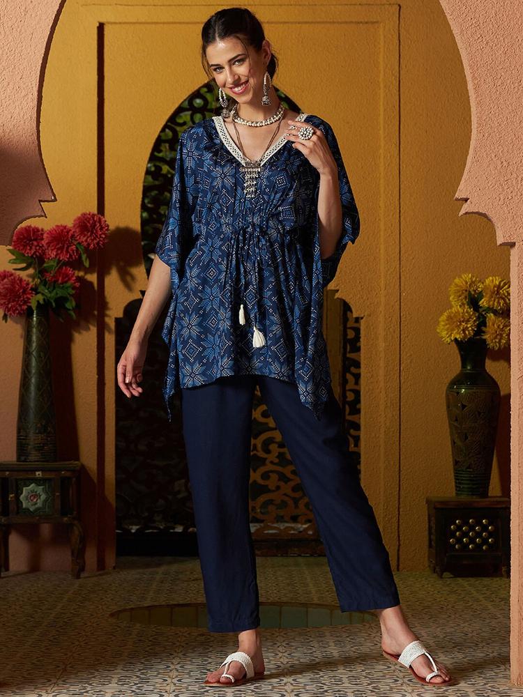 Shae by SASSAFRAS Navy Blue & White Printed Kaftan With Trousers Co-Ords