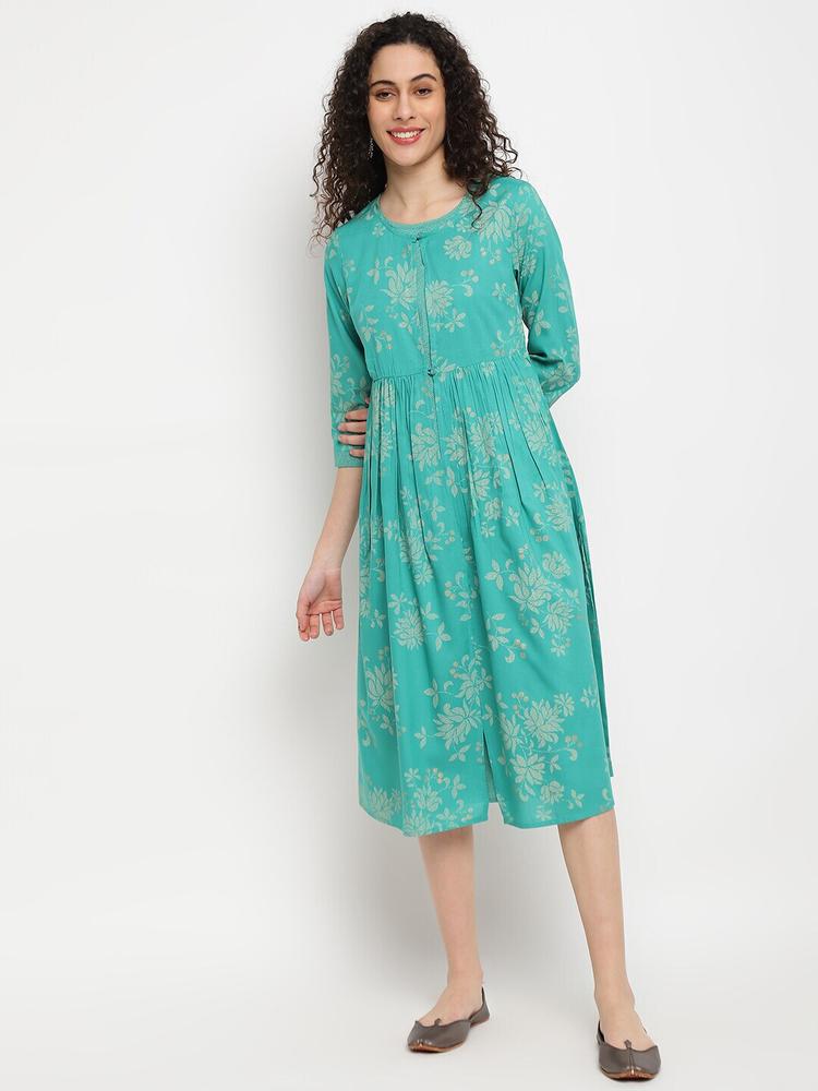IMARA Green Floral Print Fit & Flare Midi Dress