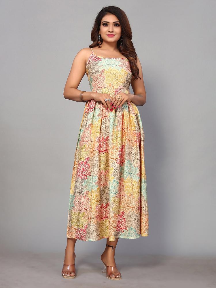 Nimayaa Shoulder Straps Floral Printed Maxi Fit & Flare Dress
