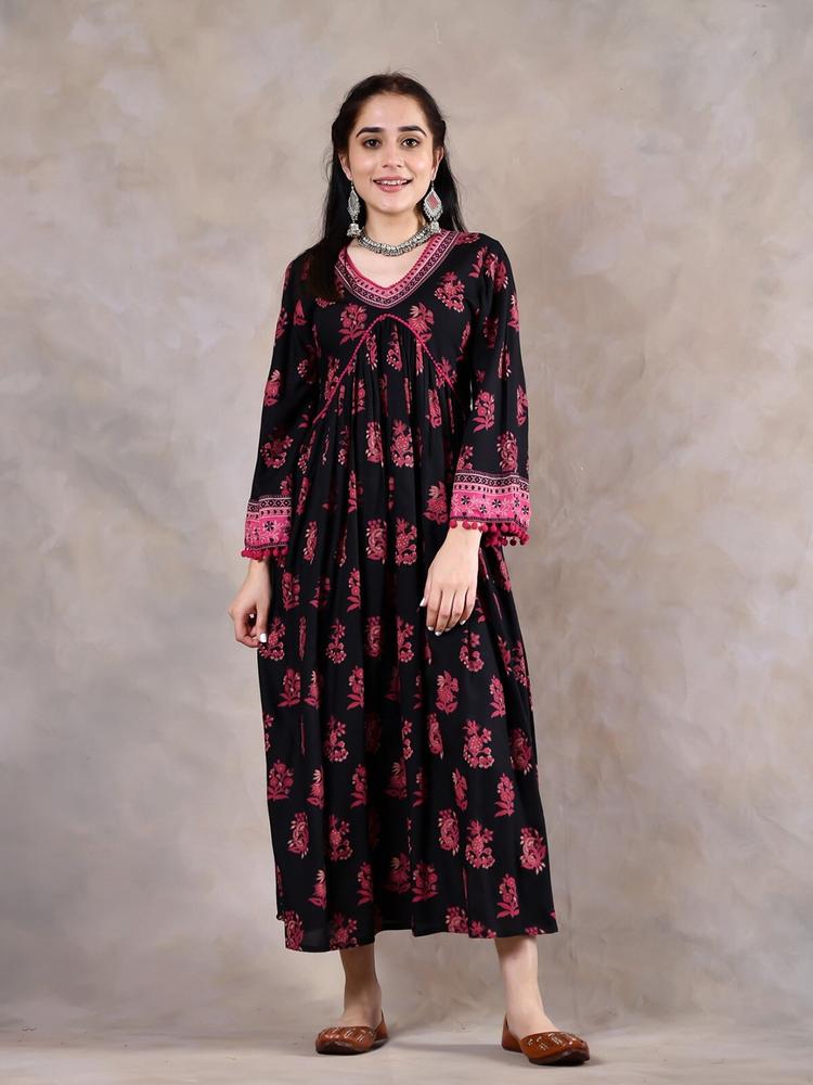 Rustorange Floral Print Gathered or Pleated Fit and Flare Midi Ethnic Dresses