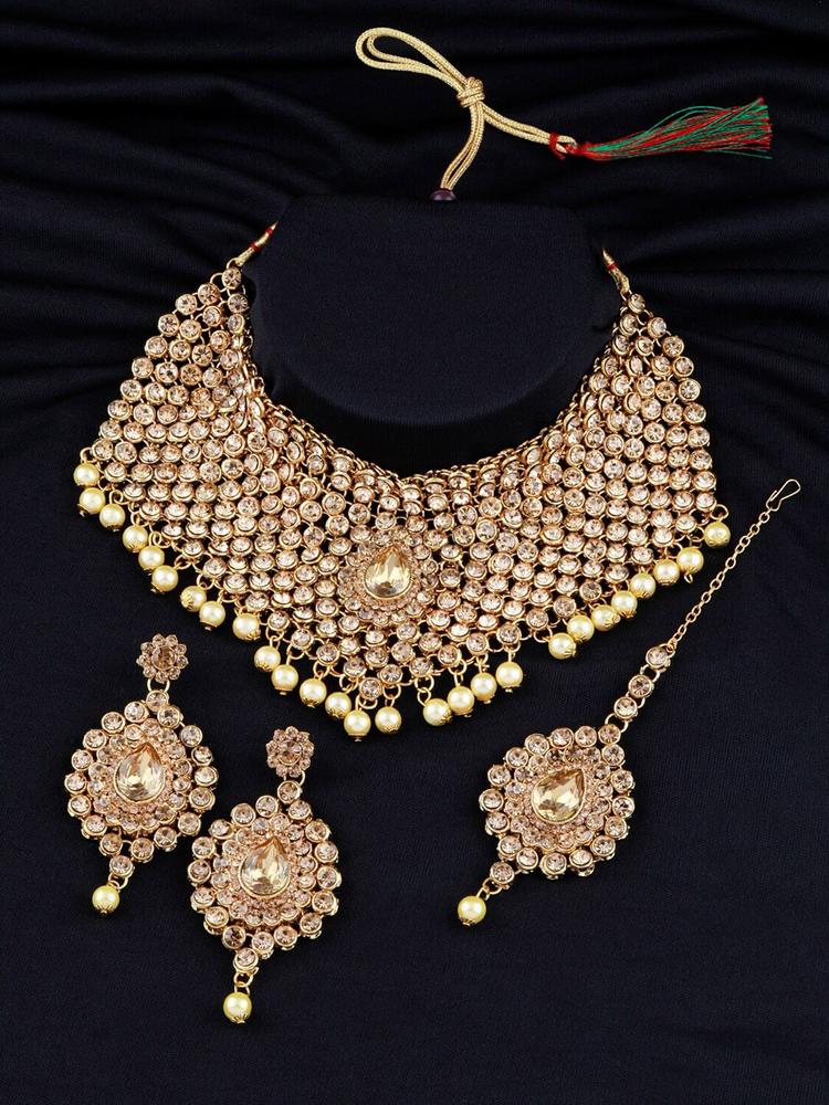 Silver Shine Gold-Plated Stone Studded & Beaded Jewellery Set