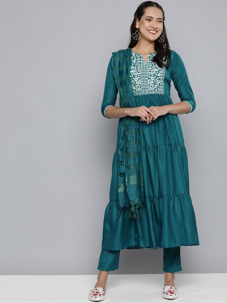MALHAAR Floral Embroidered Mirror Work Tiered Kurta with Trousers & Dupatta