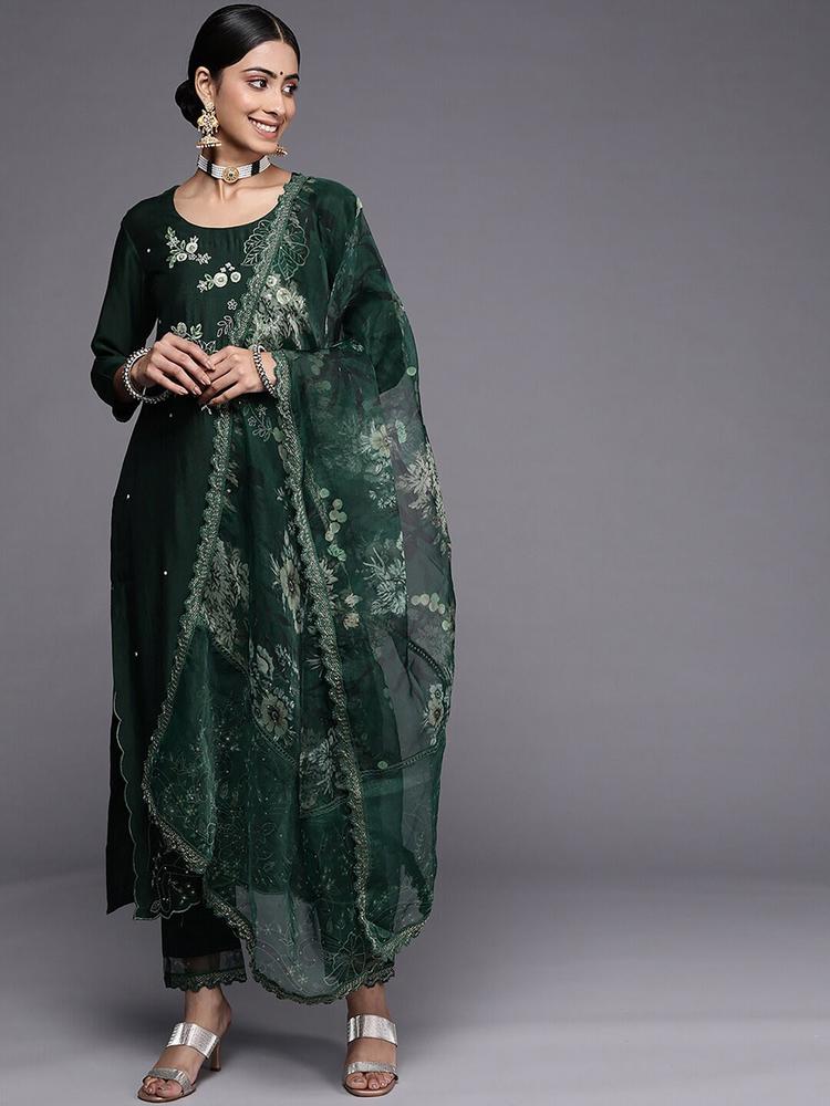 Indo Era Green Floral Embroidered Sequined Kurta with Trousers & Dupatta