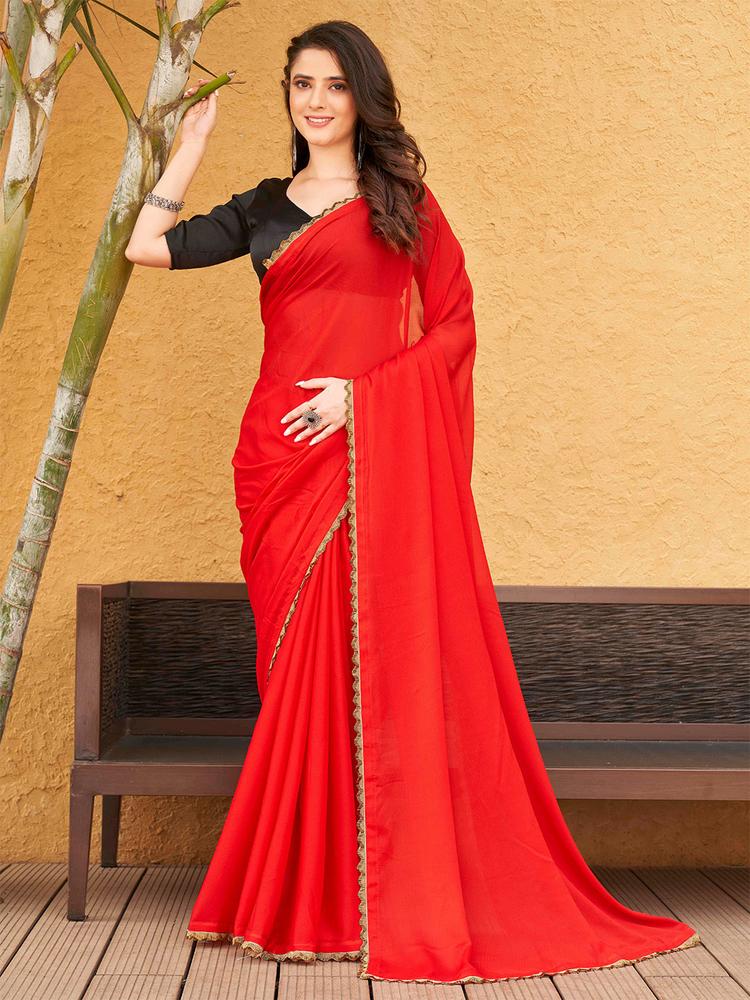 Tikhi Imli Red & Gold-Toned Embellished Border Satin Saree