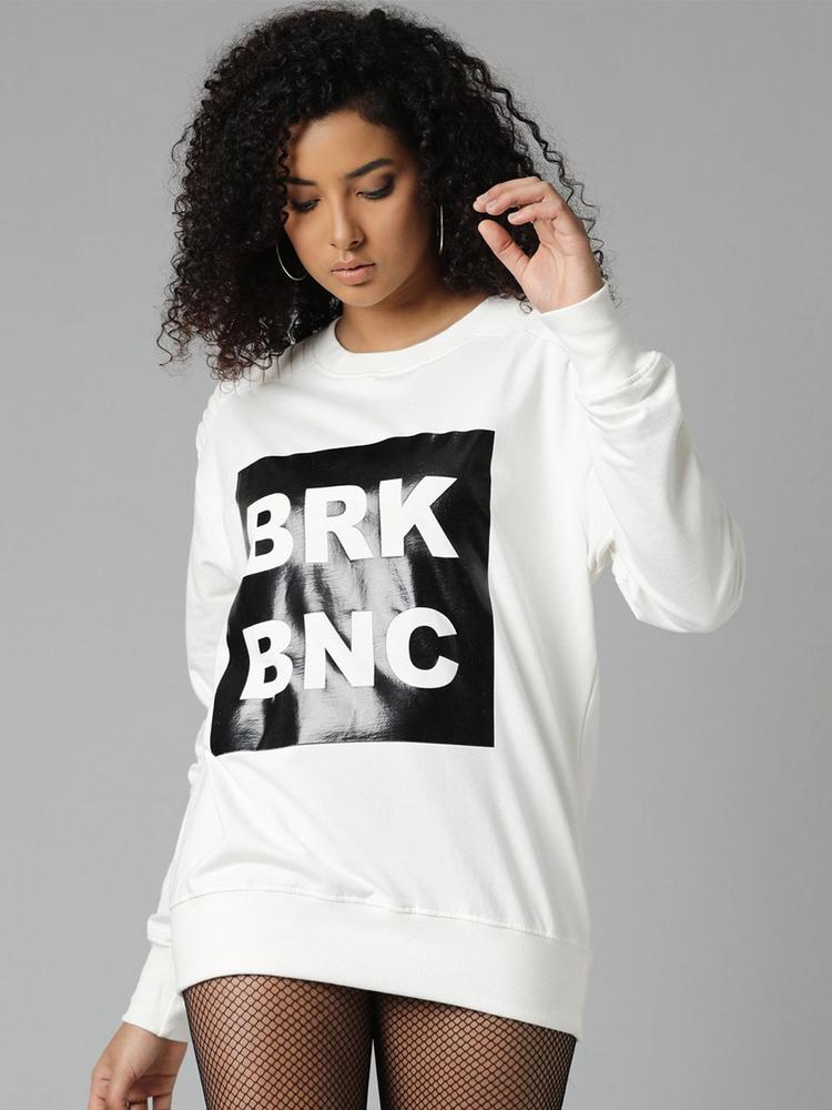 Breakbounce Women Off White Printed Sweatshirt