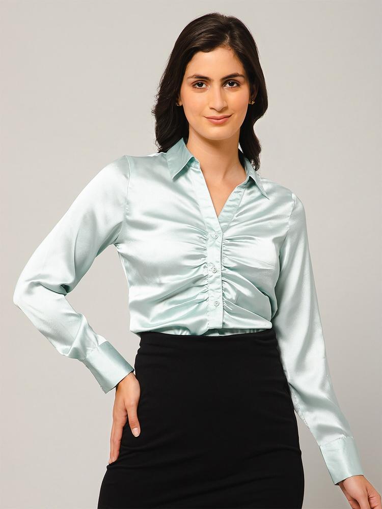 PURYS Relaxed Spread Collar Gathers Satin Party Shirt