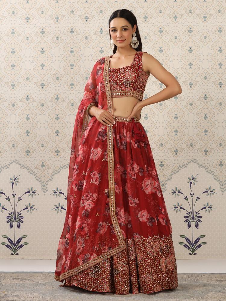 Ode by House of Pataudi Red & Pink Embroidered Semi-Stitched Lehenga Choli With Dupatta