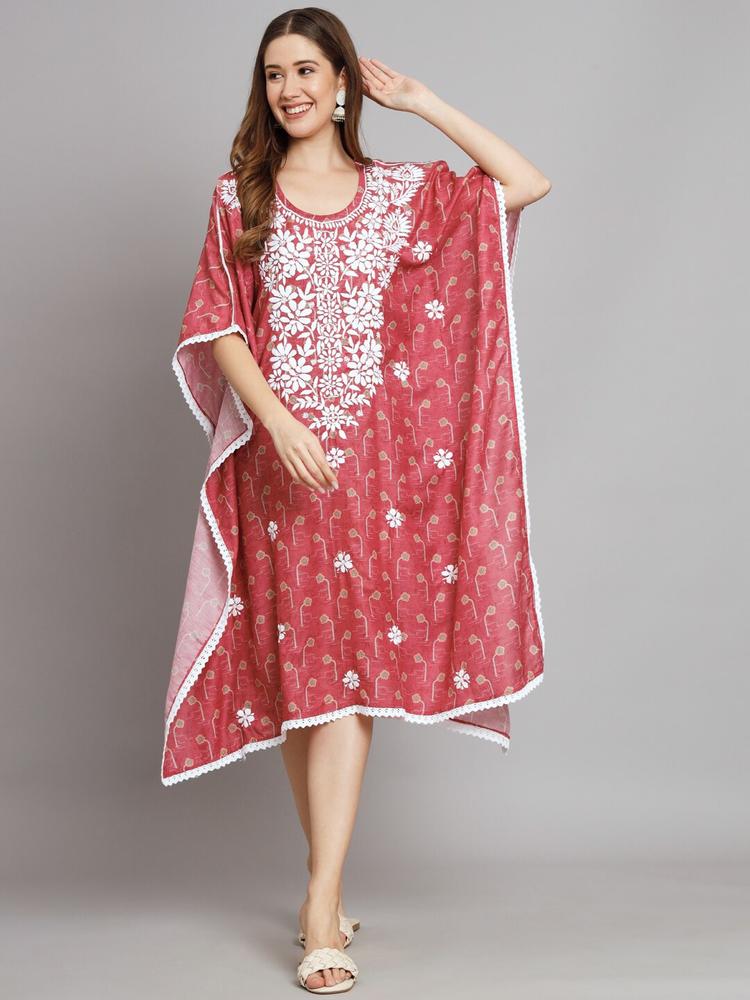 PARAMOUNT CHIKAN Floral Printed Embroidered Cotton Kaftan Midi Ethnic Dress