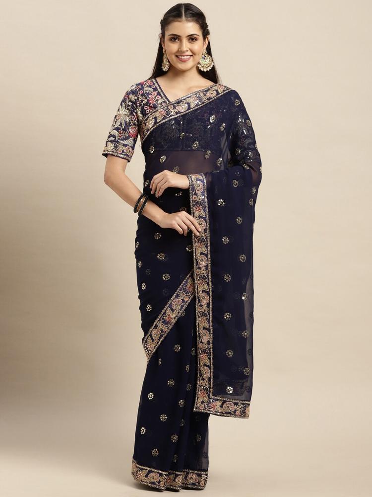 VAIRAGEE Navy Blue & Gold-Toned Ethnic Motifs Sequinned Poly Georgette Saree