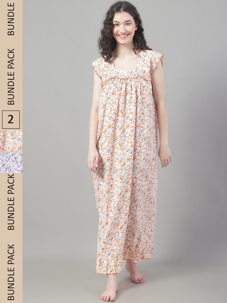 Shararat Pack Of 2 Floral Printed Pure Cotton Maxi Nightdress
