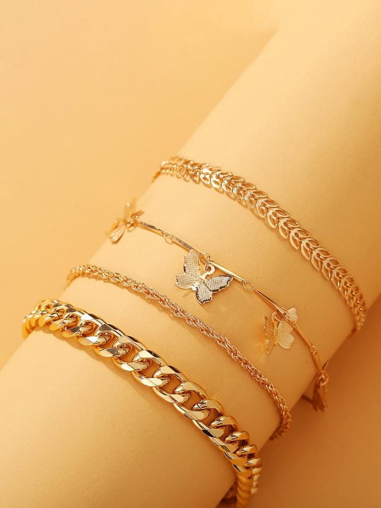 Shining Diva Fashion Set Of 2 Gold-Plated Butterfly Anklets