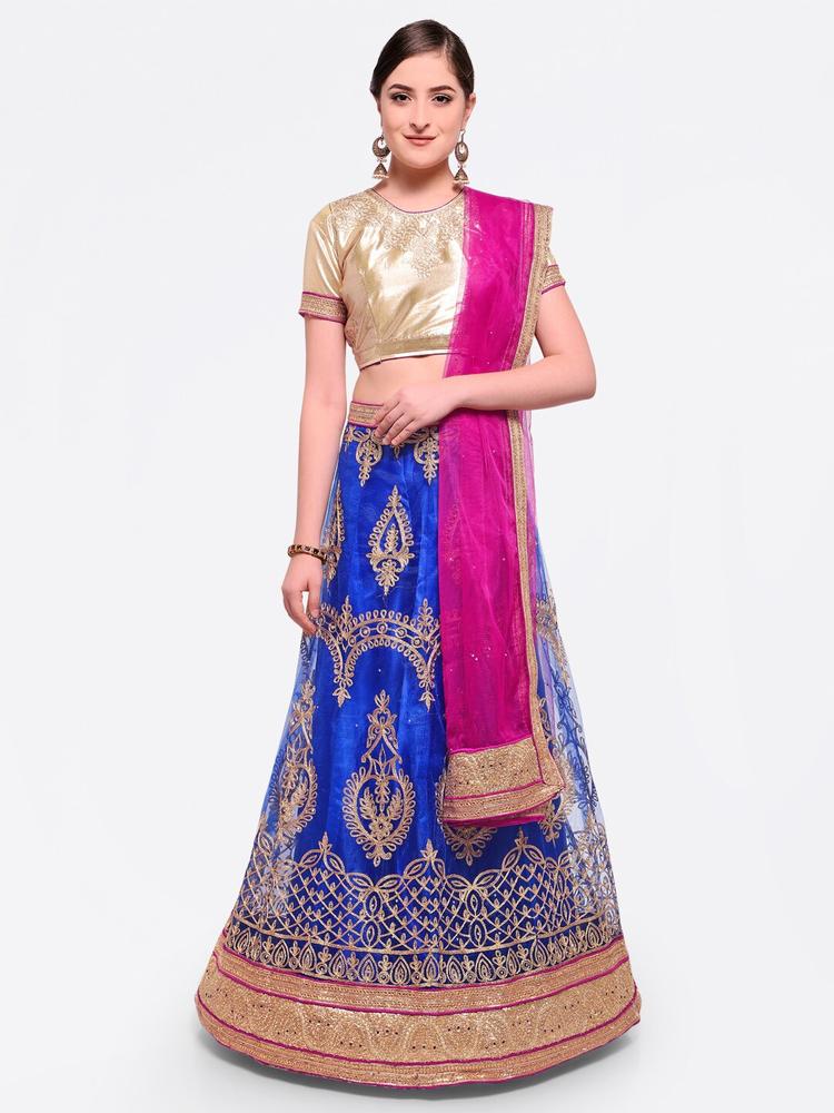 MANVAA Blue & Pink Embroidered Semi-Stitched Lehenga & Unstitched Blouse With Dupatta