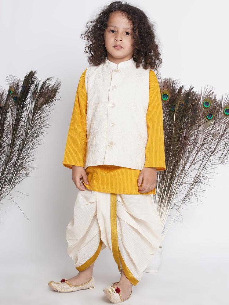 Little Bansi Boys Cream-Coloured Regular Thread Work Pure Cotton Kurta with Dhoti Pants