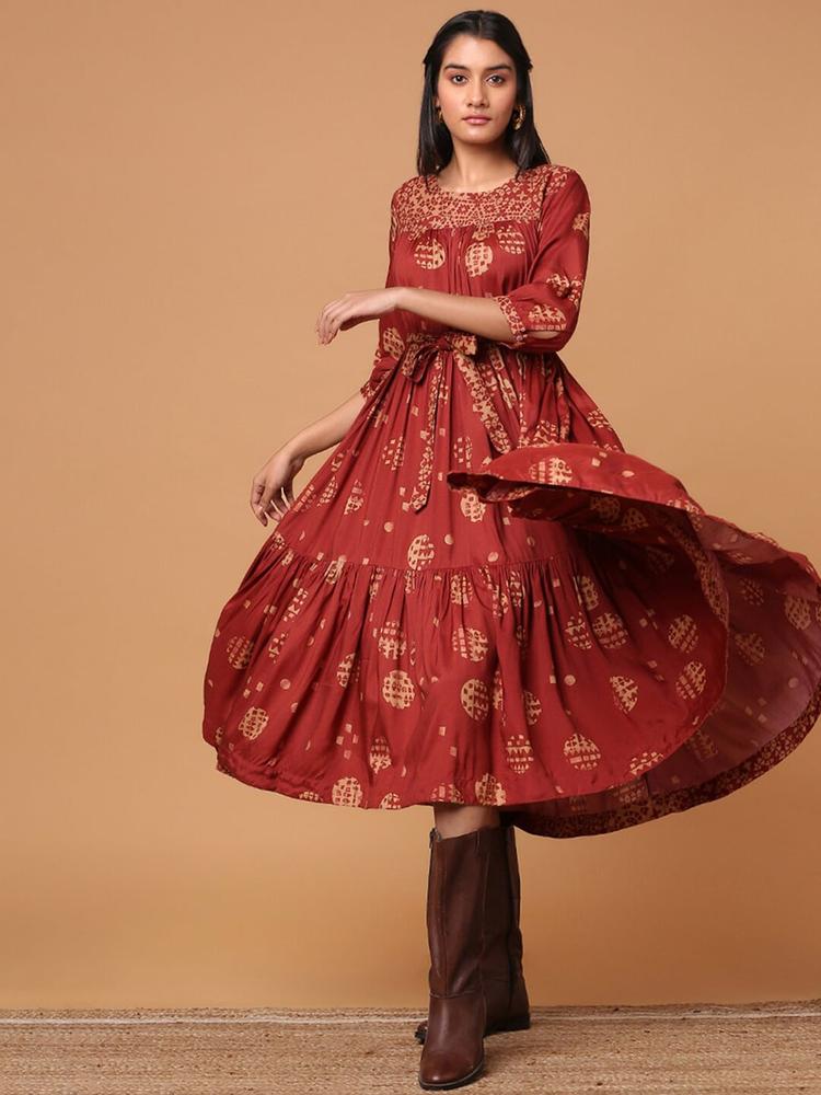 Marigold Lane Rust Ethnic Motifs Print A-Line Midi Dress