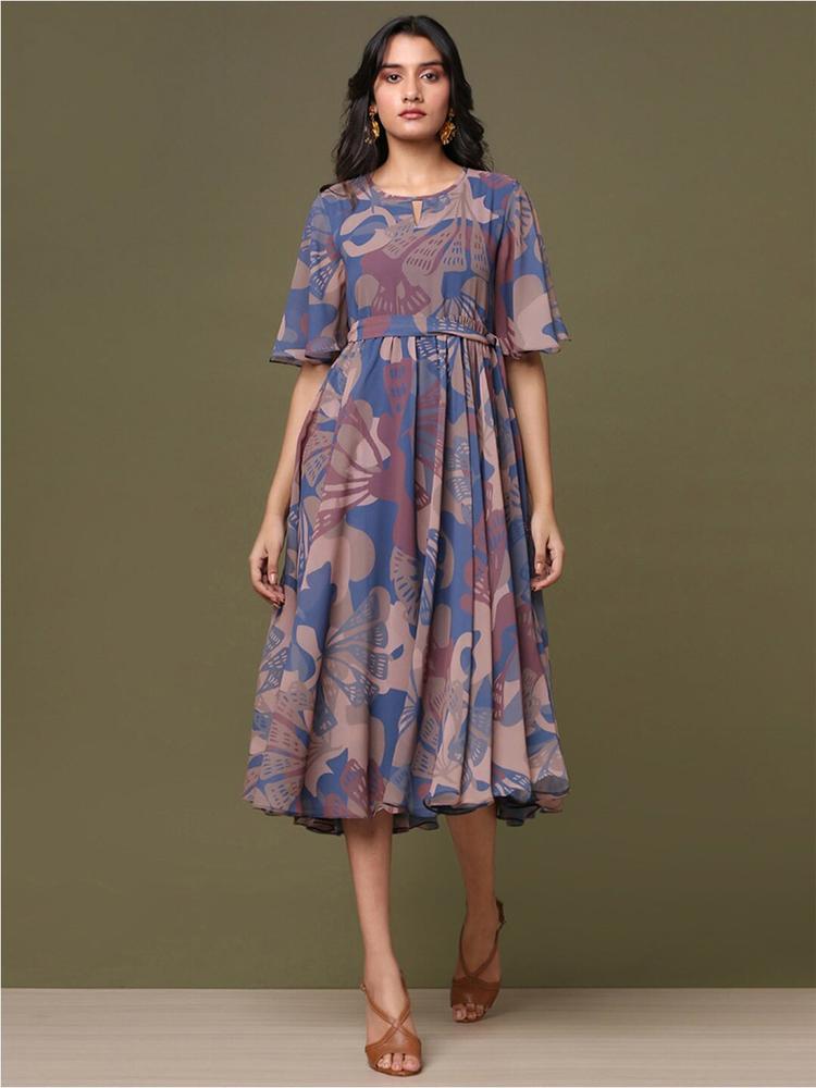 Marigold Lane Pink Print Flared Sleeve Formal A-Line Midi Dress