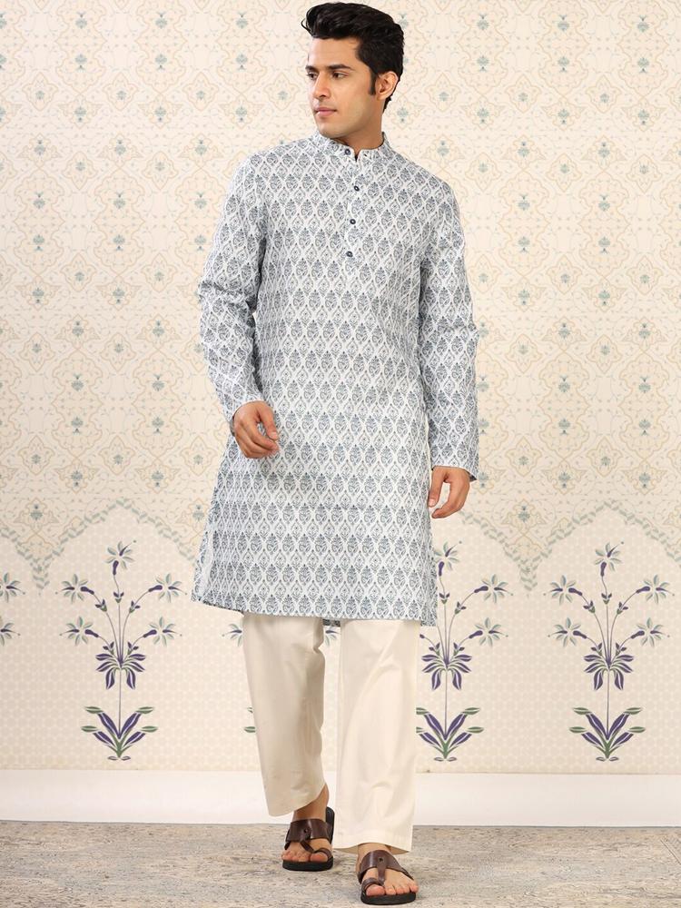 Ode by House of Pataudi Men Blue Floral Printed Regular Kurta with Pyjamas