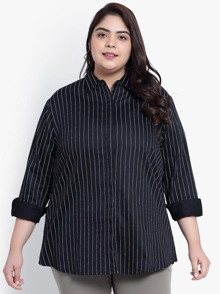 Indietoga Women Black Classic Slim Fit Opaque Striped Formal Shirt