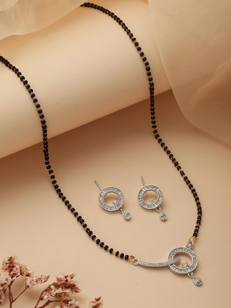 Jazz and Sizzle Rhodium-Plated AD Stone-Studded & Beaded Mangalsutra With Earrings