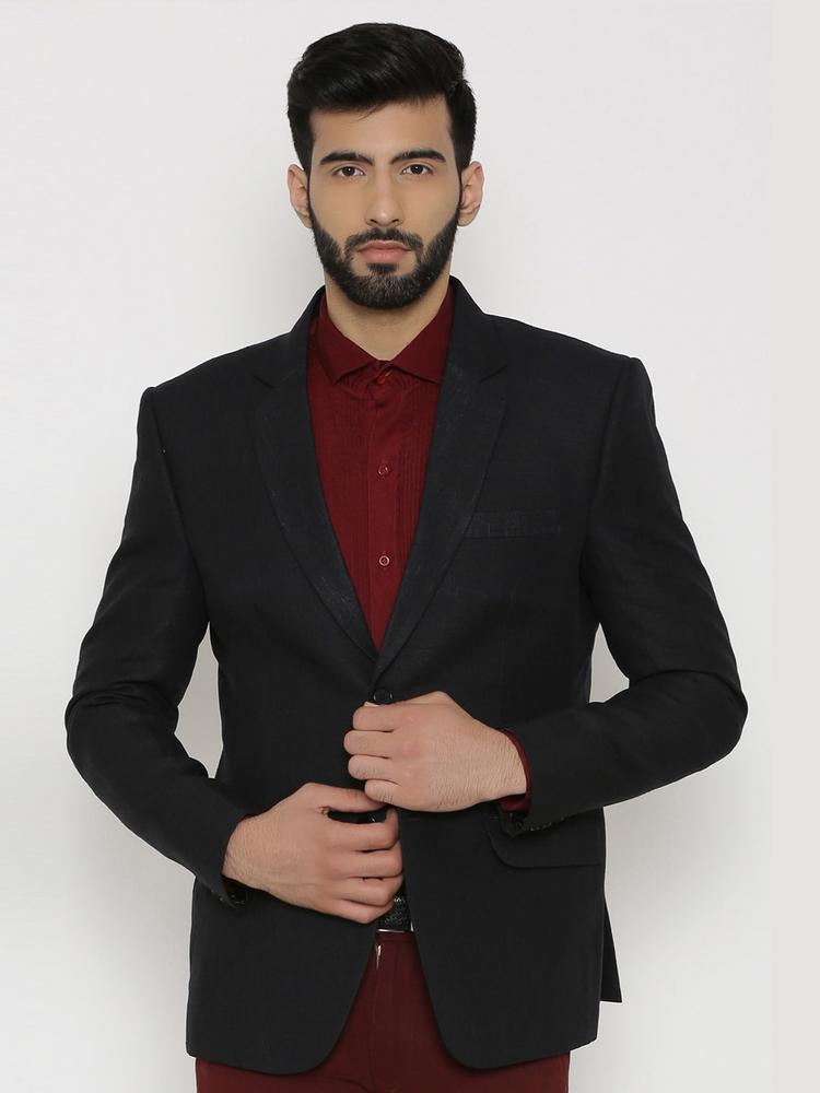 Wintage Black Single-Breasted Tailored Fit Linen Formal Blazer