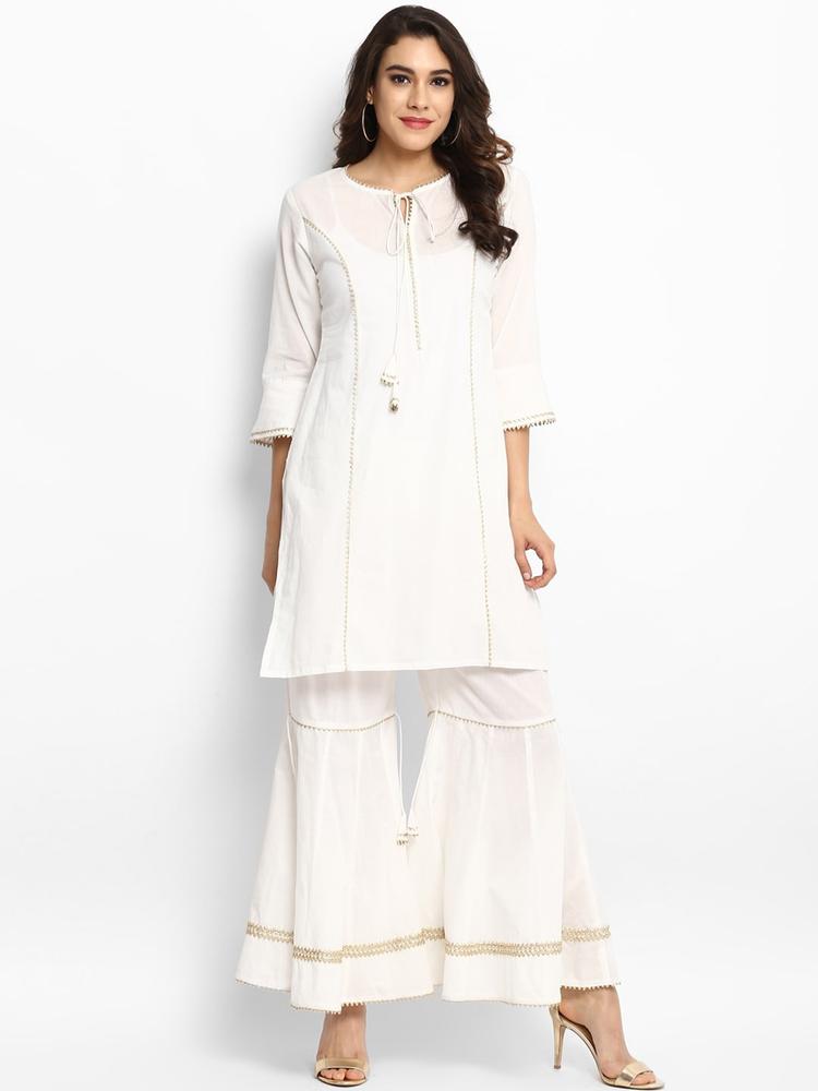 Bhama Couture Women White Solid Kurta with Palazzos